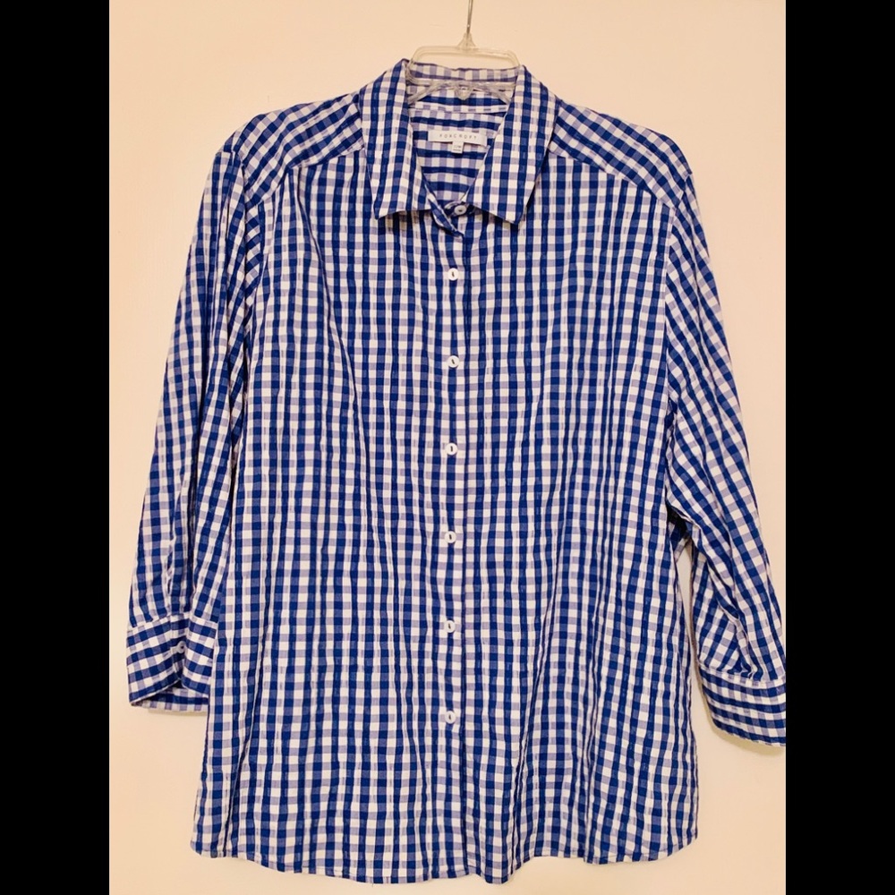 Foxcroft 3/4 sleeve blue & white gingham